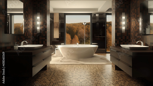 A sunlit home bathroom with its rich dark brown interior  adorned with tiled walls and floor. Photorealistic illustration  Generative AI