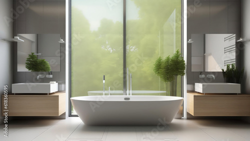 A spacious home bathroom designed for two people, equipped with dual sinks and a stylish gray interior. Photorealistic illustration, Generative AI © DIMENSIONS