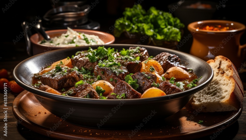 Beef Stew with potato in crock pot and a side of toast Beef Stew with potato in crock pot and a side of toast