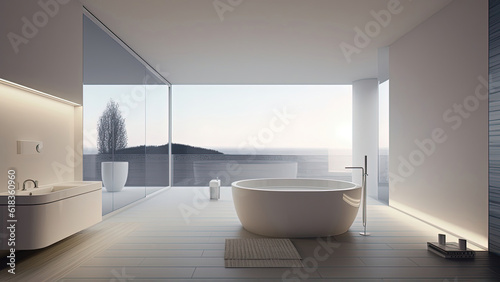 An ocean-view bathroom reminiscent of an advertising photograph, showcasing a pristine white minimalist interior adorned with subtle illuminated edges. Photorealistic illustration, Generative AI