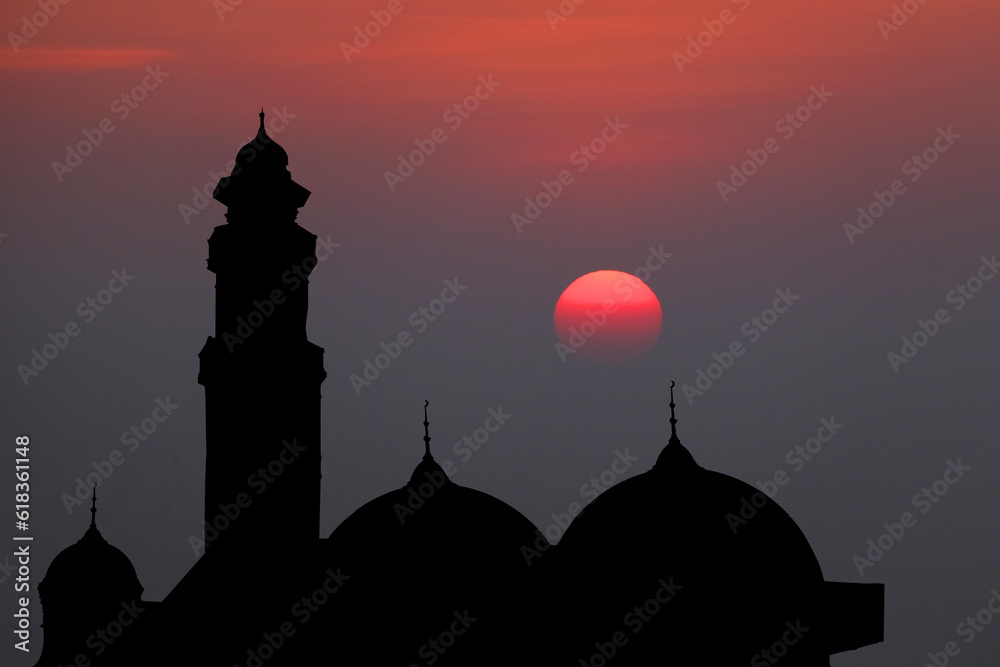 Mosque dome, minaret, light of hope arabic islamic architecture and the half-moon. mosque is islamic landmark on sunset background