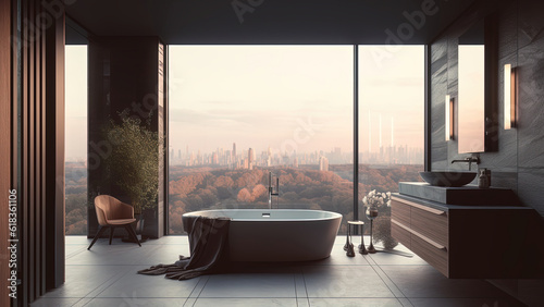 A luxurious condo bathroom boasting a sweeping panoramic view  adorned with a sophisticated dark gray stone wall and wood built-in features. Photorealistic illustration  Generative AI