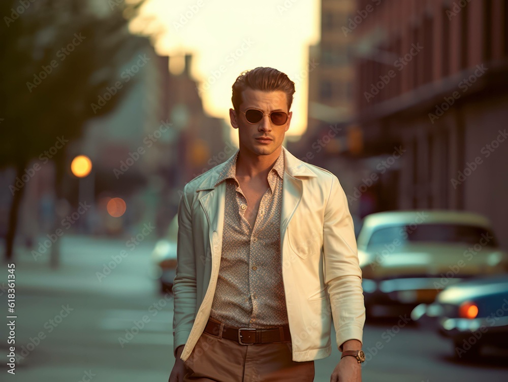 fashion portrait of a sharp dressed man male model outside  in an urban setting with a 50s style haircut, generative ai