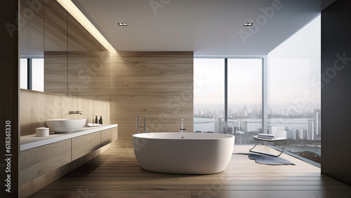 An oceanfront condo bathroom adorned with an all-wood interior  where a white bathtub and basin exude a sense of serenity. Photorealistic illustration  Generative AI