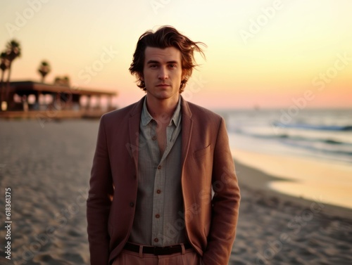 fashion portrait of a sharp dressed man male model outside on the beach with a 50s style haircut, generative ai