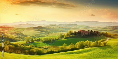 eautiful and miraculous colors of green spring panorama landscape of Tuscany  Italy. Tuscany landscape with grain fields  cypress trees and houses on the hills at sunset