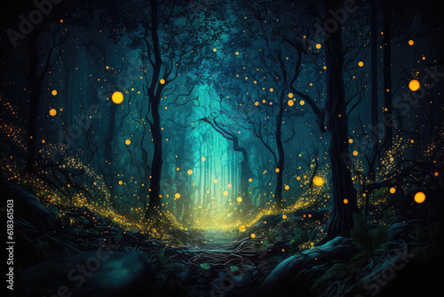 Flittering fireflies flying in the night Fantasy enchanted forest. Fairy tale concept.