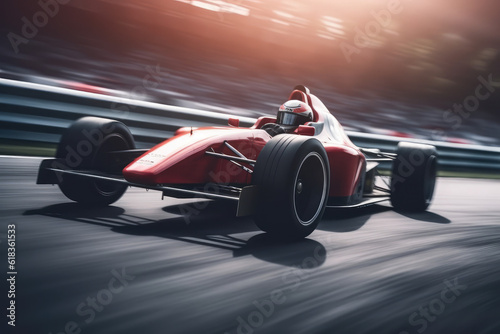 Racer on a racing car passes the track. Racing car at high speed. Motor sports competitive team racing. Motion blur background