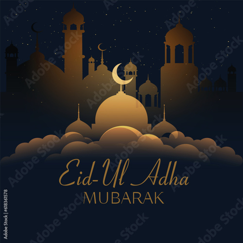 Eid al adha mubarak background design with crescent moon and mosque premium vector