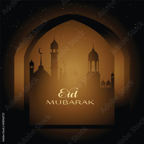 Eid al adha mubarak background design with crescent moon and mosque premium vector
