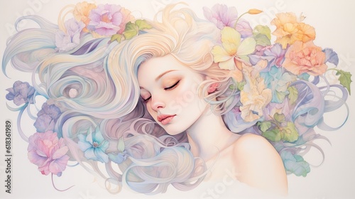 This illustration portrays a beautiful woman adorned with an array of flowers. The artwork captures her grace and elegance, with the delicate blooms complementing her features. AI-Generated