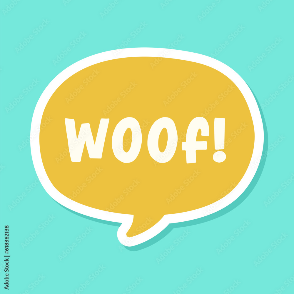 Woof text in a speech bubble balloon digital sticker design. Cute cartoon comics dog bark sound effect and lettering. Textured vector illustration. Woof text in a speech bubble balloon digital sticker design. Cute cartoon comics dog bark sound effect and lettering. Textured vector illustration.