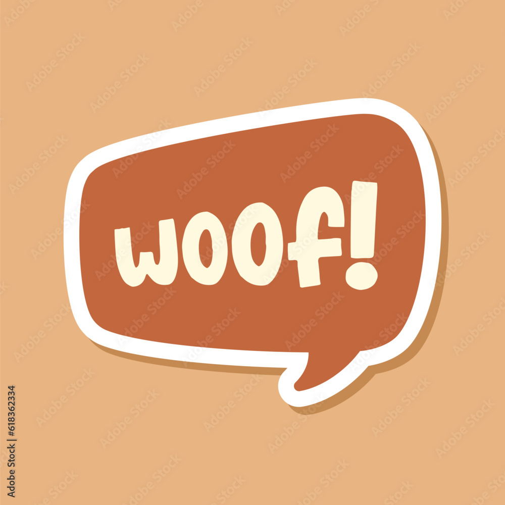 Woof text in a speech bubble balloon digital sticker design. Cute cartoon comics dog bark sound effect and lettering. Textured vector illustration. Woof text in a speech bubble balloon digital sticker design. Cute cartoon comics dog bark sound effect and lettering. Textured vector illustration.