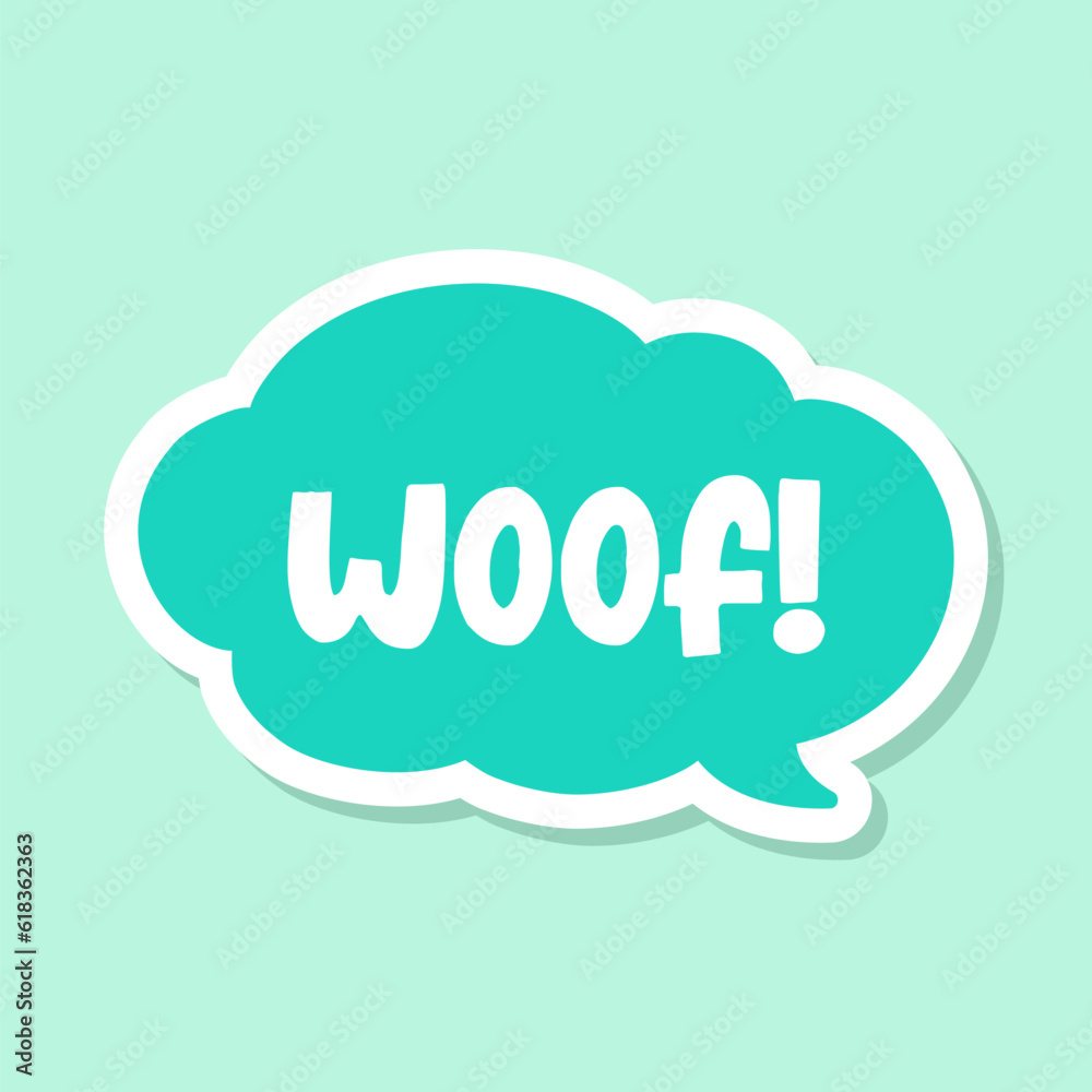 Woof text in a speech bubble balloon digital sticker design. Cute cartoon comics dog bark sound effect and lettering. Textured vector illustration. Woof text in a speech bubble balloon digital sticker design. Cute cartoon comics dog bark sound effect and lettering. Textured vector illustration.