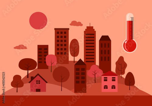 Hot climate in the city with strong sunlight and thermometer in flat design. Hot summer day concept.