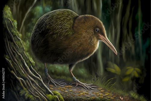 painting of a new zealand North island brown kiwi Apteryx australis Apteryx mantelli long thin beak in forest  photo