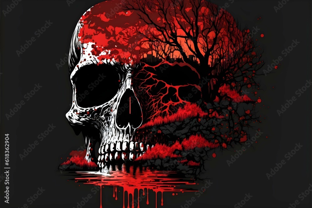 A Skull Crying A Red River Of Bones Dead Fungus Brains Horror Darkness