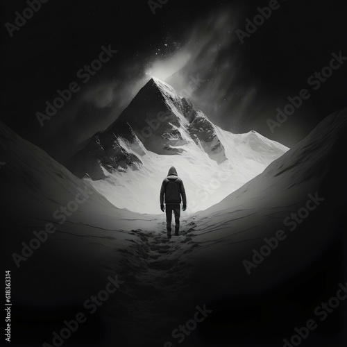 scared alone lost no one around base of a snow top mountain cant turn around need help black and white photography cold dark lonely emotional no face trail snow walking night high contrast geometric  © Carmen