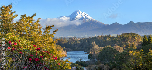 Lake Mangamahoe and Taranaki volcano picturesque landscape panorama