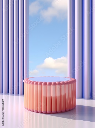 A surreal  pastel-hued scene of a modern  geometric platform showcasing a round pink table with a glass top beneath a blue sky filled with fluffy clouds