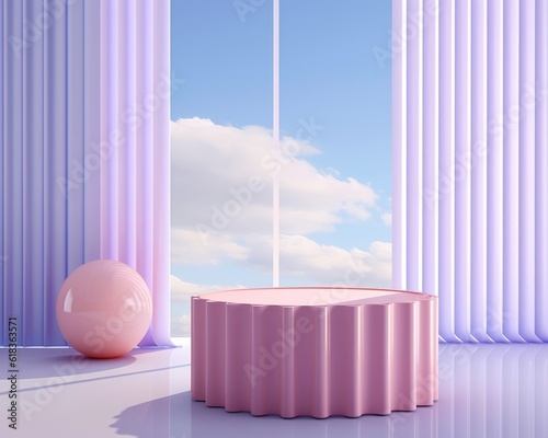 A surreal scene of an empty pink round table standing atop a geometric pedestal, displaying a modern product on a minimalistic stage in front of a window filled with a pastel sky and fluffy clouds