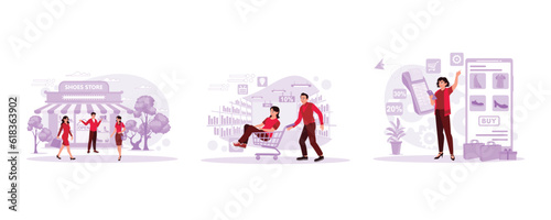 A shoe store with a salesperson and two female customers. Young couple shopping and girlfriend on a trolley. Young girl shopping do marketplace. Trend Modern vector flat illustration.
