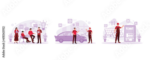 Creative team meeting and solving problems. Mechanic repairs customer's car. The technician checks the solar panel switchgear compartment. Trend Modern vector flat illustration.