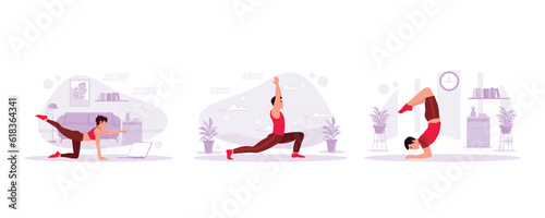 Asian woman exercises muscles by watching videos on a laptop. Handsome young man practicing yoga outdoors. Side view of a man practicing yoga in a scorpion pose. Trend Modern vector flat illustration.