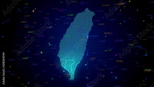 Futuristic Motion View Blue Colorful Shiny Digital Technology Hud Dots Mosaic Grid Taiwan Map Light Scanning With Numeric Tech Particles Background, Seamless Loop