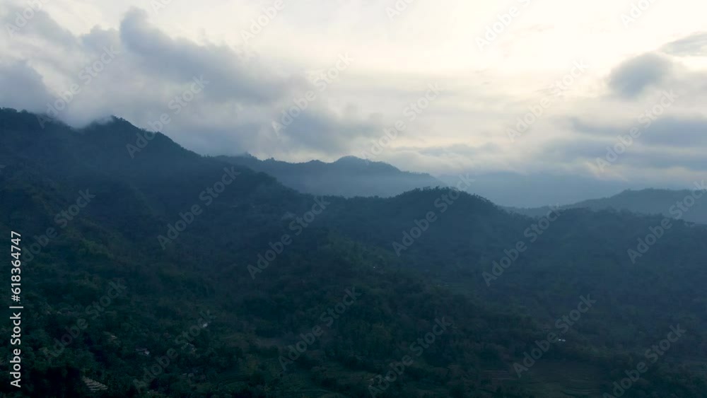 Majestic landscape of Menoreh mountains, aerial drone view Majestic landscape of Menoreh mountains, aerial drone view