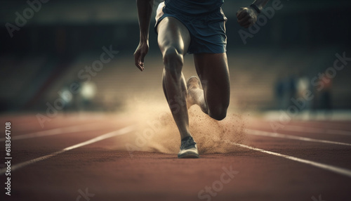 Muscular athlete sprints towards victory on track generated by AI