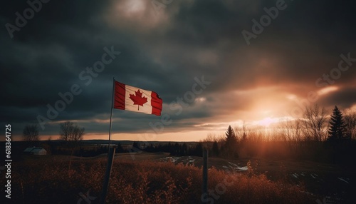 Canadian flag backlit by sunset over forest generated by AI