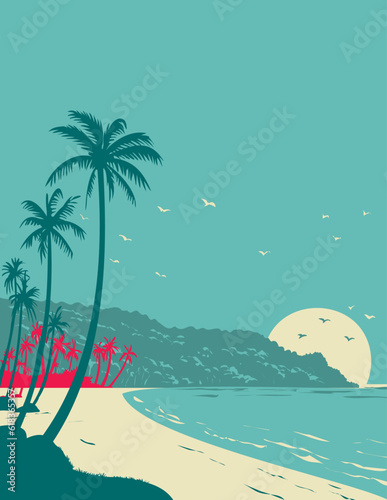 WPA poster art of Long Beach Phu Quoc during sunrise  or sunset in Kien Giang Province, Vietnam done in works project administration or Art Deco style.
