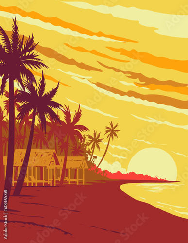 WPA poster art of a beach in Phu Quoc island during sunset in Kien Giang Province located in the Gulf of Thailand in Vietnam done in works project administration or Art Deco style.