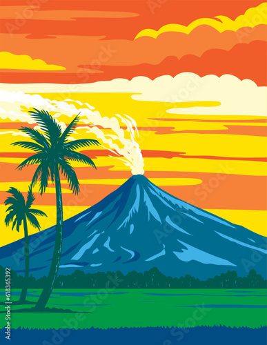 WPA poster art of Mayon Volcano Natural Park located in the Bicol Region on southeast Luzon Island Philippines done in works project administration or Art Deco style.