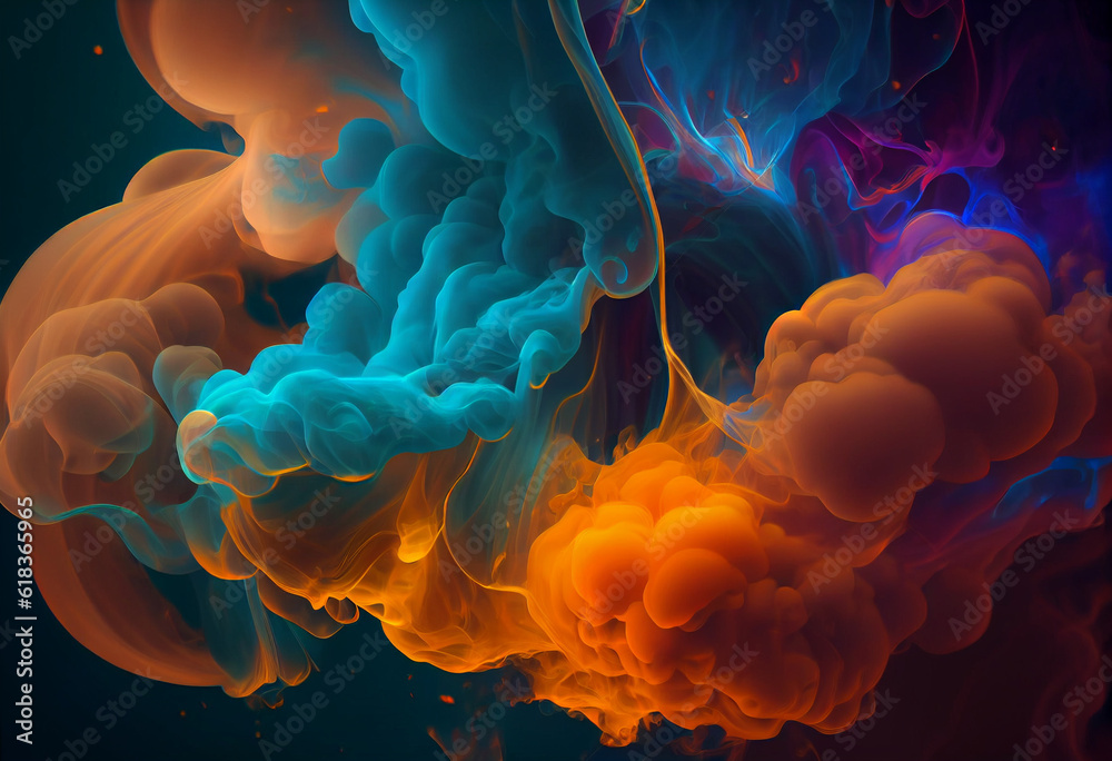 Obraz premium Colorful smoke with colored particles, in the style of liquid emulsion printing. Generative AI