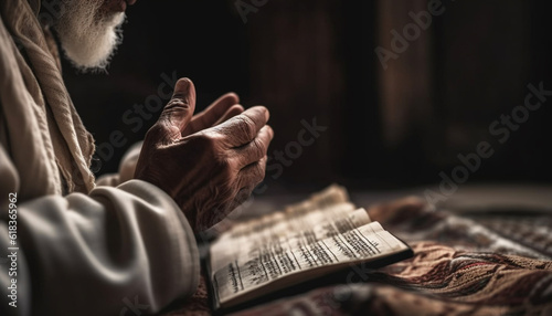 One man reading holy book, meditating in solitude generated by AI