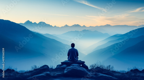 Mountains and lake landscape with a person meditating in the morning. Panorama of the mountains in the fog. Meditation wall paper background