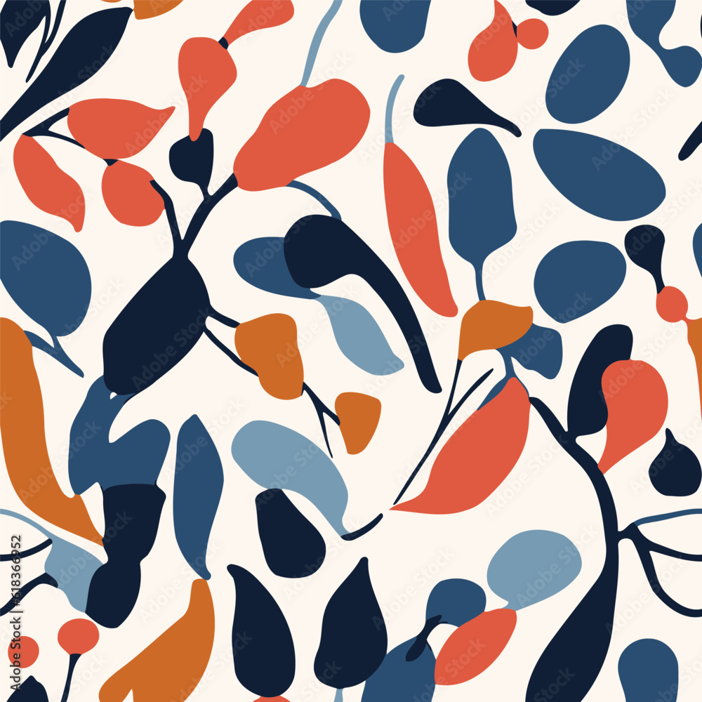 Seamless pattern with abstract flowers and leaves. Vector illustration.