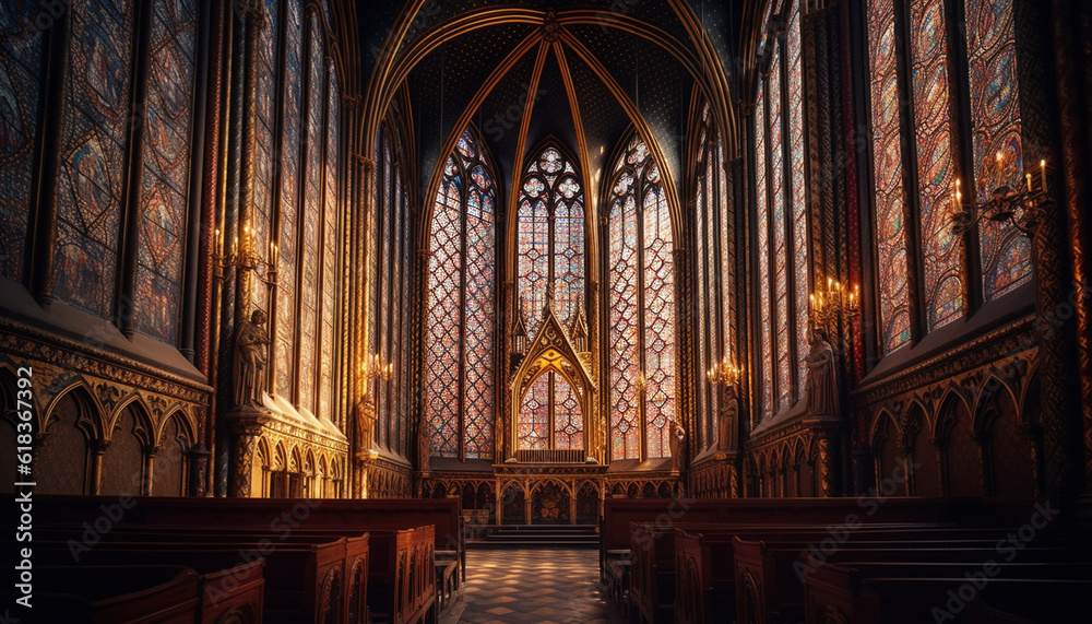 Majestic gothic basilica with illuminated stained glass windows generated by AI Majestic gothic basilica with illuminated stained glass windows generated by AI