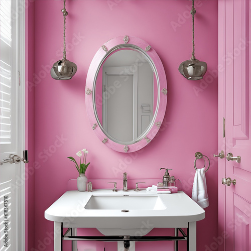 An oval shaped mirror with a pink frame finish and a white ceramic sink with a stainless-steel finish. Elegant bathroom with a pink-white theme.