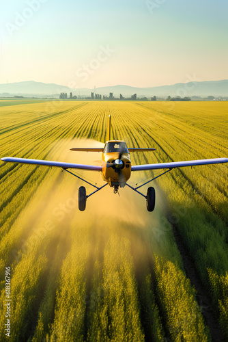 An agricultural aircraft plane watering a field during the daytime