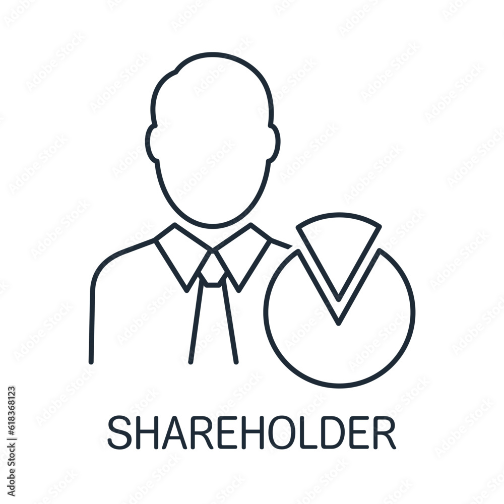 Infographic element and a man in a business suit. Shareholder , management, finance, investment, money, stakeholder. Vector linear icon isolated on white background. Infographic element and a man in a business suit. Shareholder , management, finance, investment, money, stakeholder. Vector linear icon isolated on white background.