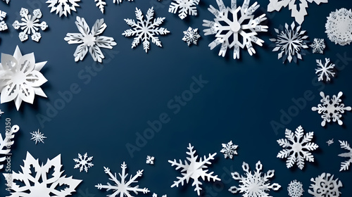 white snowflakes paper on blue background created with Generative AI 