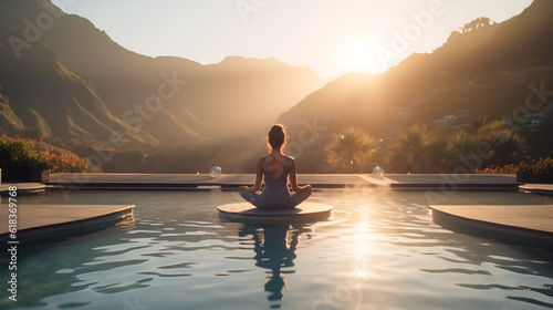 Young women medication yoga in the water of pool resort with beautiful mountain view created with Generative AI 