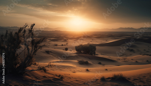 Tranquil sunset over arid African sand dunes generated by AI