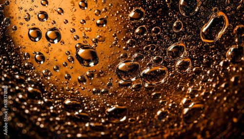 Golden beer bubbles splash on wet glass generated by AI
