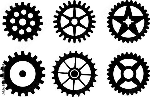 Set of realistic gear and bicycle stars on white background. A profiled wheel with teeth that engages with a chain. High resolution Multipurpose designs. 