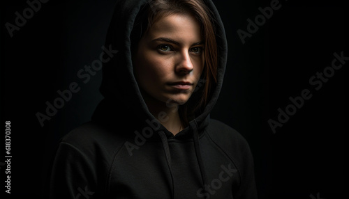 Hooded young adult in black, looking serious generated by AI