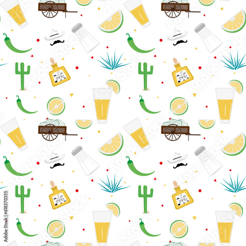 Mexican tequila themed wallpaper with elements of cactus, agave, lime, sombrero, mustache, salt shaker, wagon, red and green hot peppers for menu designs, textile, poster, invitation.